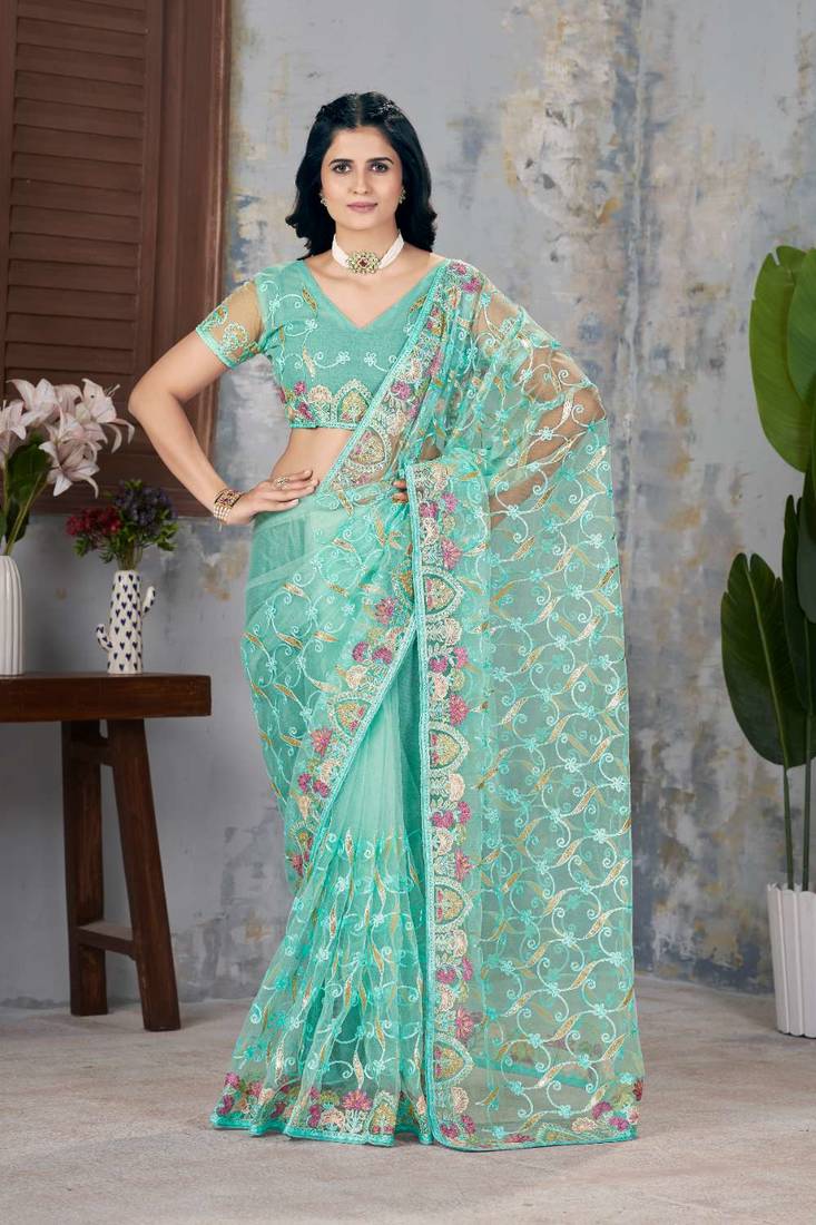Turquoise net embroidered thread work heavy look ethnic saree with blouse