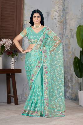 Turquoise net embroidered thread work heavy look ethnic saree with blouse 1