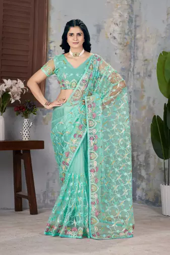 Turquoise net embroidered thread work heavy look ethnic saree with blouse