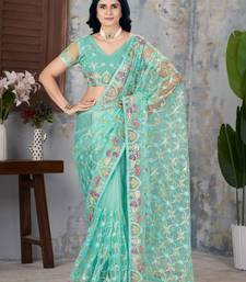 Turquoise net embroidered thread work heavy look ethnic saree with blouse