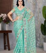 Turquoise net embroidered thread work heavy look ethnic saree with blouse