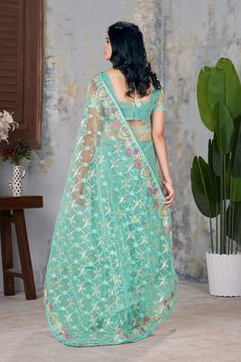 Turquoise net embroidered thread work heavy look ethnic saree with blouse 2