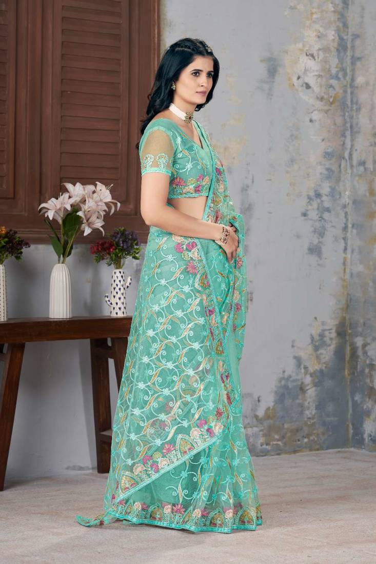 Turquoise net embroidered thread work heavy look ethnic saree with blouse
