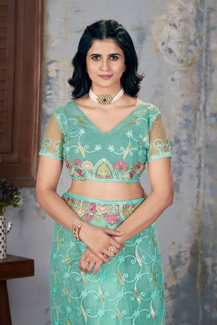 Turquoise net embroidered thread work heavy look ethnic saree with blouse