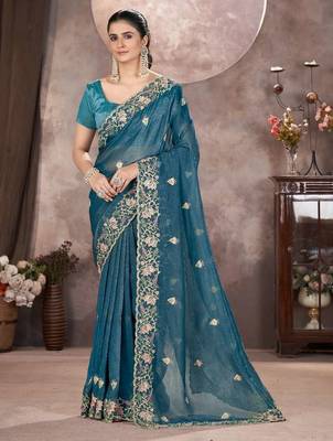 Teal georgette embroidered sequins work heavy look ethnic saree with blouse 1