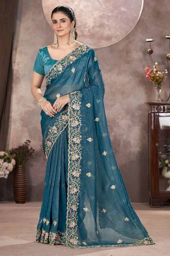 Teal georgette embroidered sequins work heavy look ethnic saree with blouse