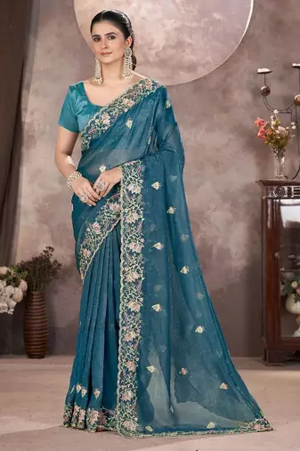 Teal georgette embroidered sequins work heavy look ethnic saree with blouse