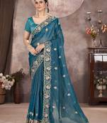 Teal georgette embroidered sequins work heavy look ethnic saree with blouse