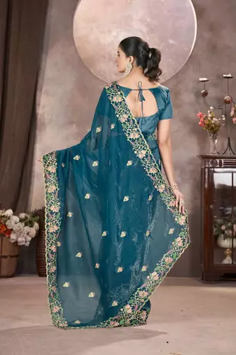 Teal georgette embroidered sequins work heavy look ethnic saree with blouse