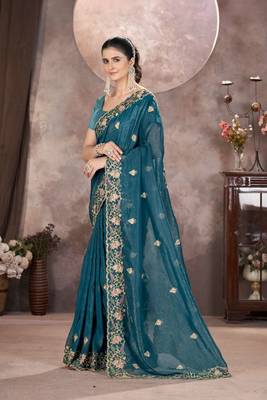 Teal georgette embroidered sequins work heavy look ethnic saree with blouse 3