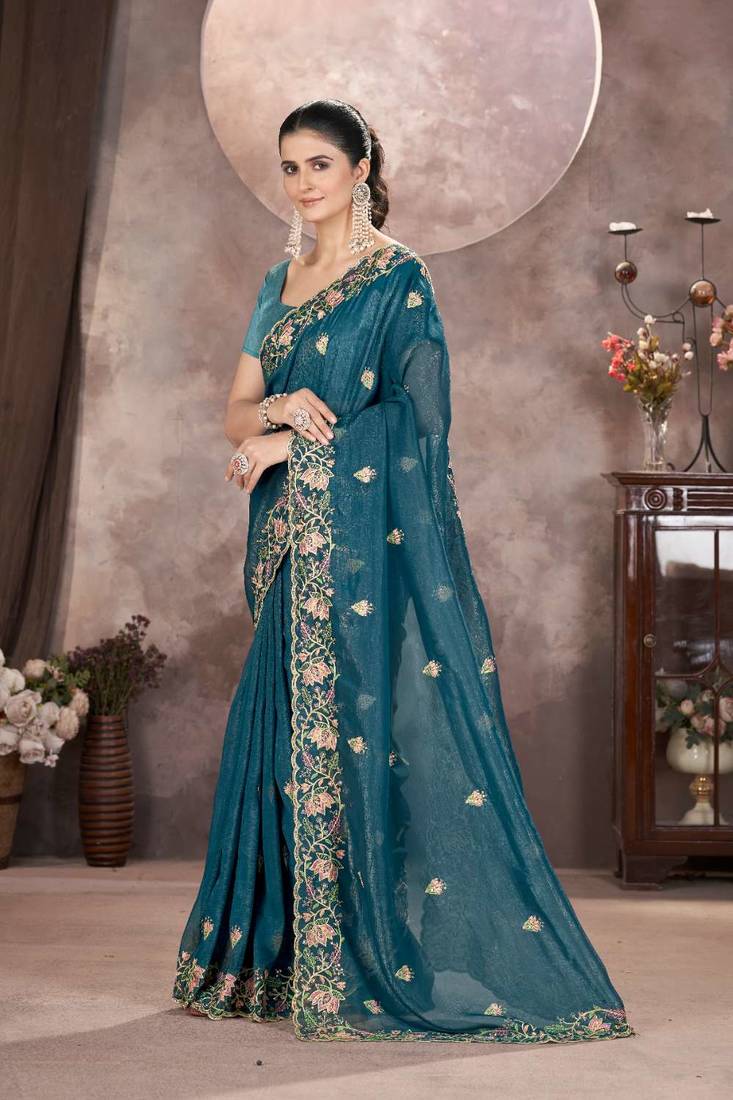 Teal georgette embroidered sequins work heavy look ethnic saree with blouse