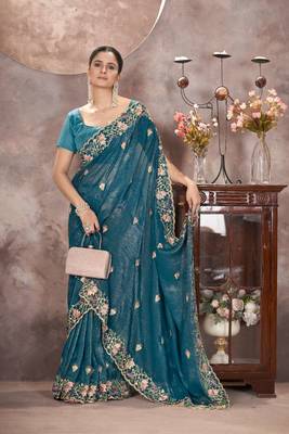 Teal georgette embroidered sequins work heavy look ethnic saree with blouse 4