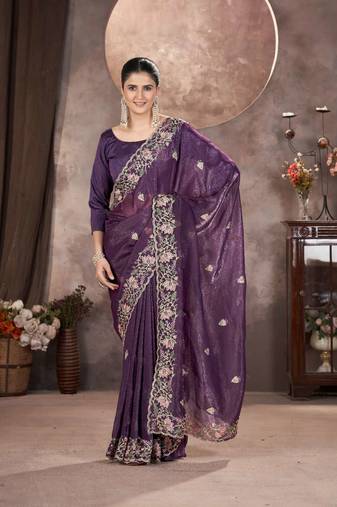 Purple georgette embroidered sequins work heavy look ethnic saree with blouse