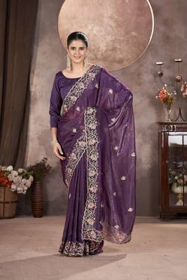 Purple georgette embroidered sequins work heavy look ethnic saree with blouse 1