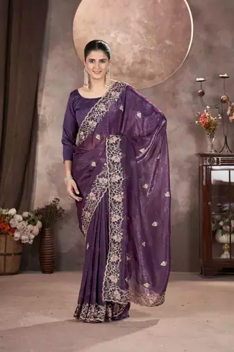 Purple georgette embroidered sequins work heavy look ethnic saree with blouse