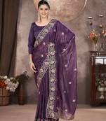 Purple georgette embroidered sequins work heavy look ethnic saree with blouse