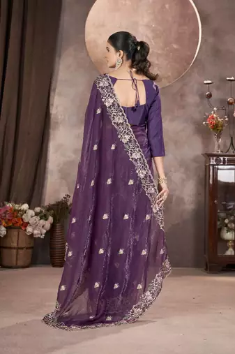 Purple georgette embroidered sequins work heavy look ethnic saree with blouse