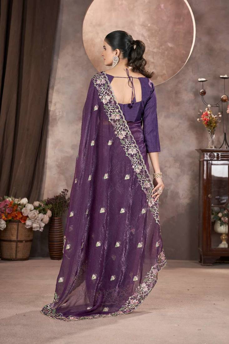 Purple georgette embroidered sequins work heavy look ethnic saree with blouse
