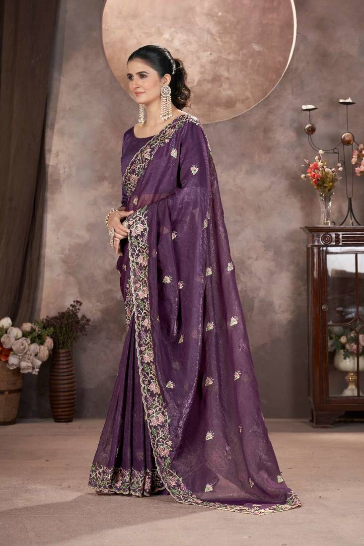 Purple georgette embroidered sequins work heavy look ethnic saree with blouse