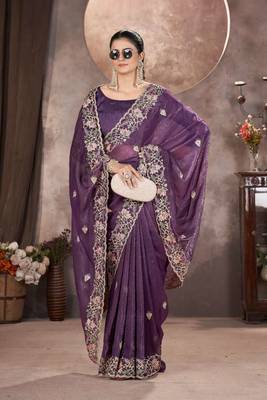 Purple georgette embroidered sequins work heavy look ethnic saree with blouse 4