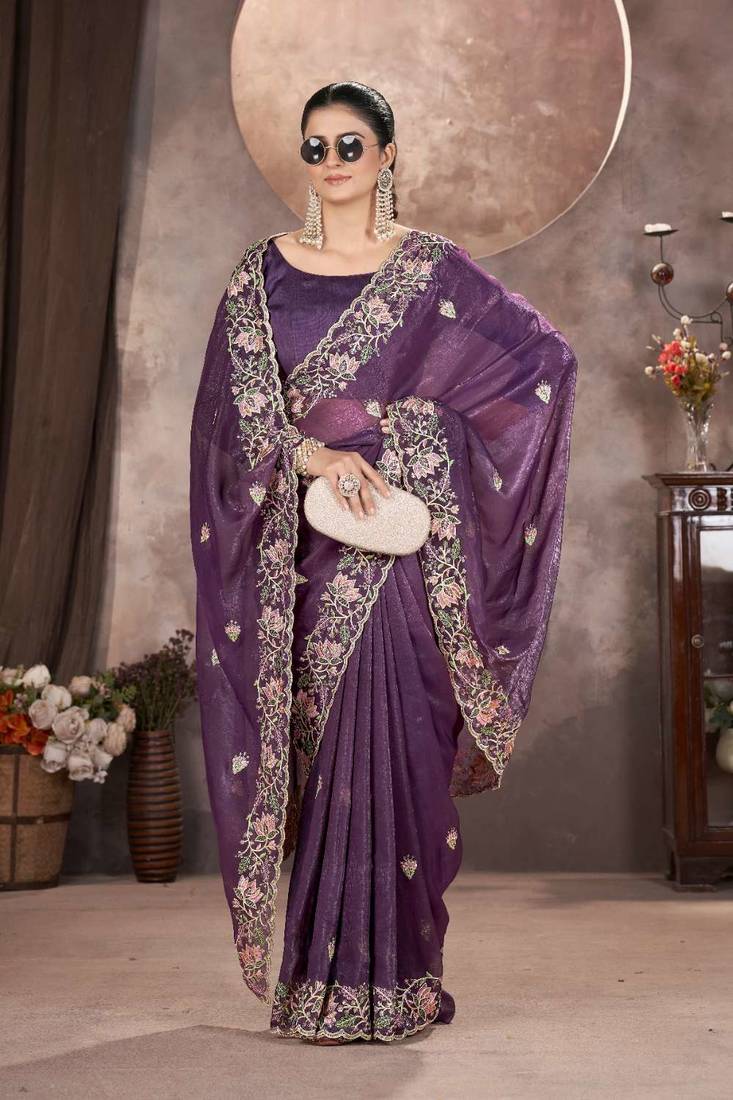 Purple georgette embroidered sequins work heavy look ethnic saree with blouse