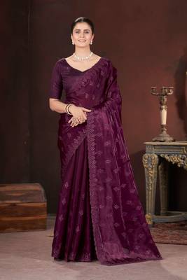 Wine silk embroidered sequins work heavy look ethnic saree with blouse 1