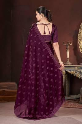 Wine silk embroidered sequins work heavy look ethnic saree with blouse 2