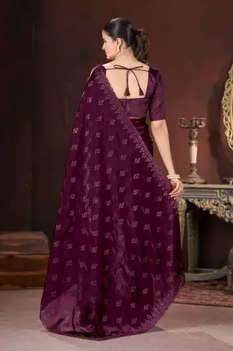 Wine silk embroidered sequins work heavy look ethnic saree with blouse