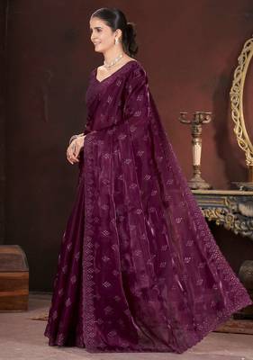 Wine silk embroidered sequins work heavy look ethnic saree with blouse 3