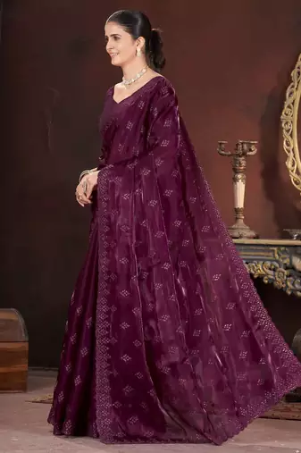 Wine silk embroidered sequins work heavy look ethnic saree with blouse