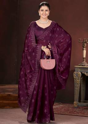 Wine silk embroidered sequins work heavy look ethnic saree with blouse 4