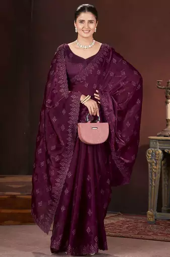 Wine silk embroidered sequins work heavy look ethnic saree with blouse