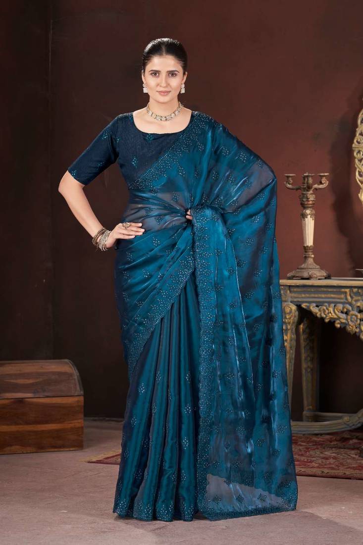 Teal silk embroidered sequins work heavy look ethnic saree with blouse