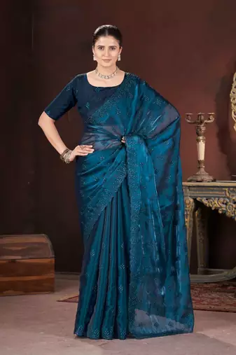 Teal silk embroidered sequins work heavy look ethnic saree with blouse