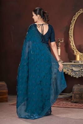 Teal silk embroidered sequins work heavy look ethnic saree with blouse 2