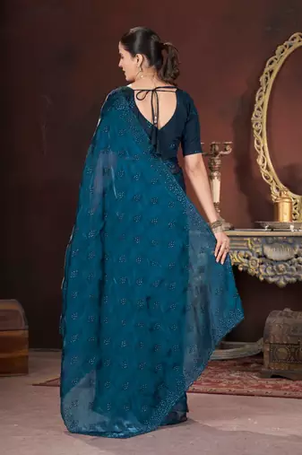 Teal silk embroidered sequins work heavy look ethnic saree with blouse