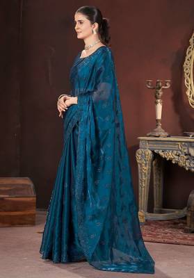 Teal silk embroidered sequins work heavy look ethnic saree with blouse 3