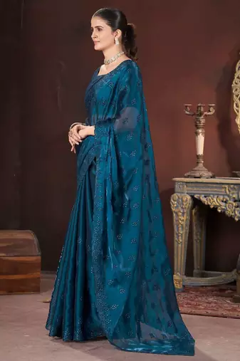 Teal silk embroidered sequins work heavy look ethnic saree with blouse