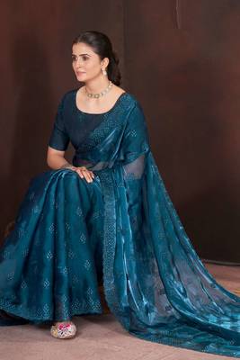 Teal silk embroidered sequins work heavy look ethnic saree with blouse 4