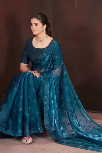 Teal silk embroidered sequins work heavy look ethnic saree with blouse