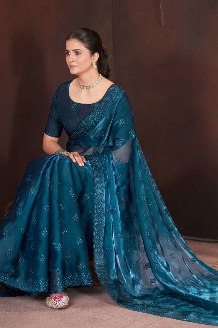 Teal silk embroidered sequins work heavy look ethnic saree with blouse