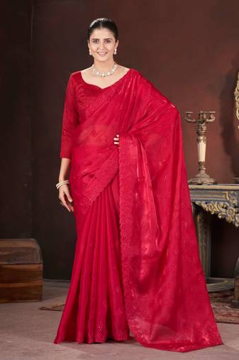 Red silk embroidered sequins work heavy look ethnic saree with blouse