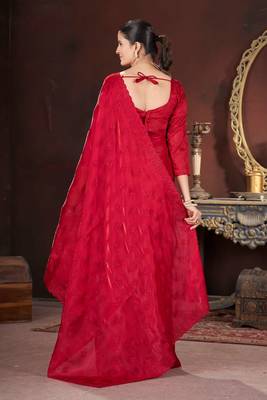 Red silk embroidered sequins work heavy look ethnic saree with blouse 2