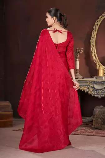 Red silk embroidered sequins work heavy look ethnic saree with blouse