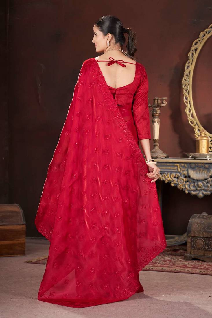 Red silk embroidered sequins work heavy look ethnic saree with blouse
