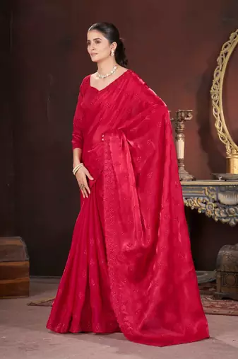 Red silk embroidered sequins work heavy look ethnic saree with blouse