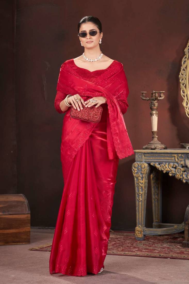 Red silk embroidered sequins work heavy look ethnic saree with blouse