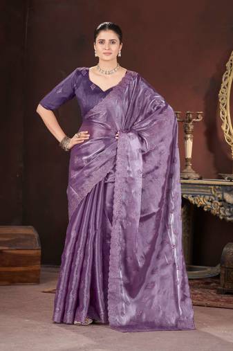 Purple silk embroidered sequins work heavy look ethnic saree with blouse