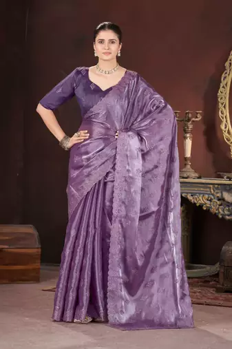 Purple silk embroidered sequins work heavy look ethnic saree with blouse