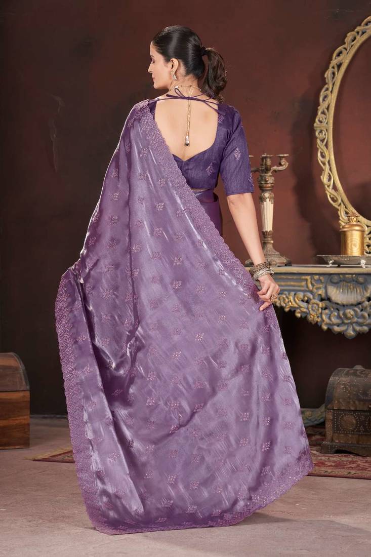 Purple silk embroidered sequins work heavy look ethnic saree with blouse